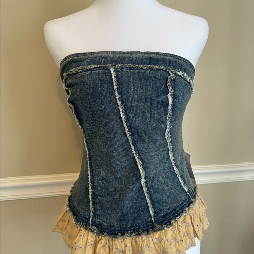 Urban Outfitters Blue Strapless Top with Yellow Lace Hem